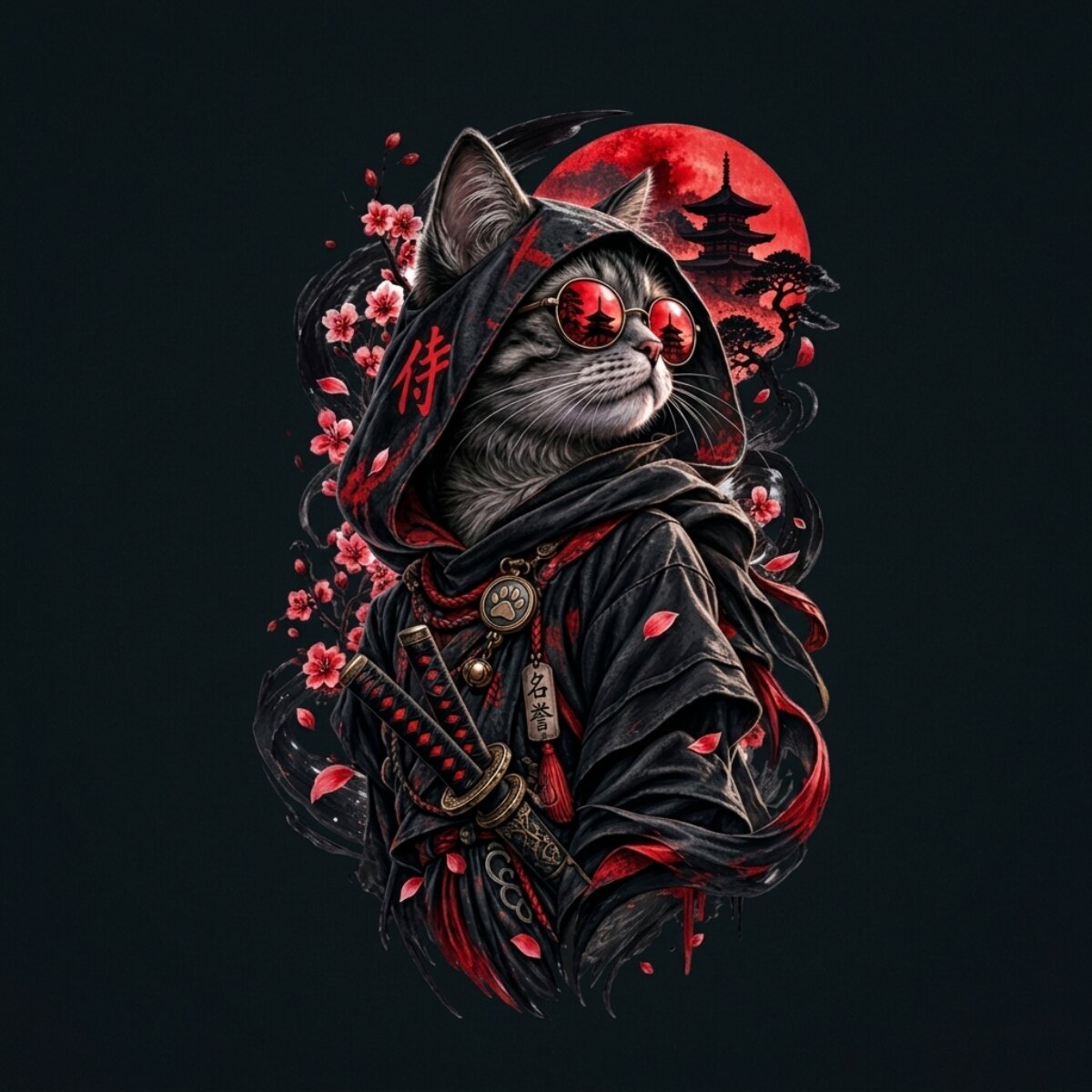 Close-up of gothic samurai cat artwork with red moon, pagoda silhouette, cherry blossoms and katana swords