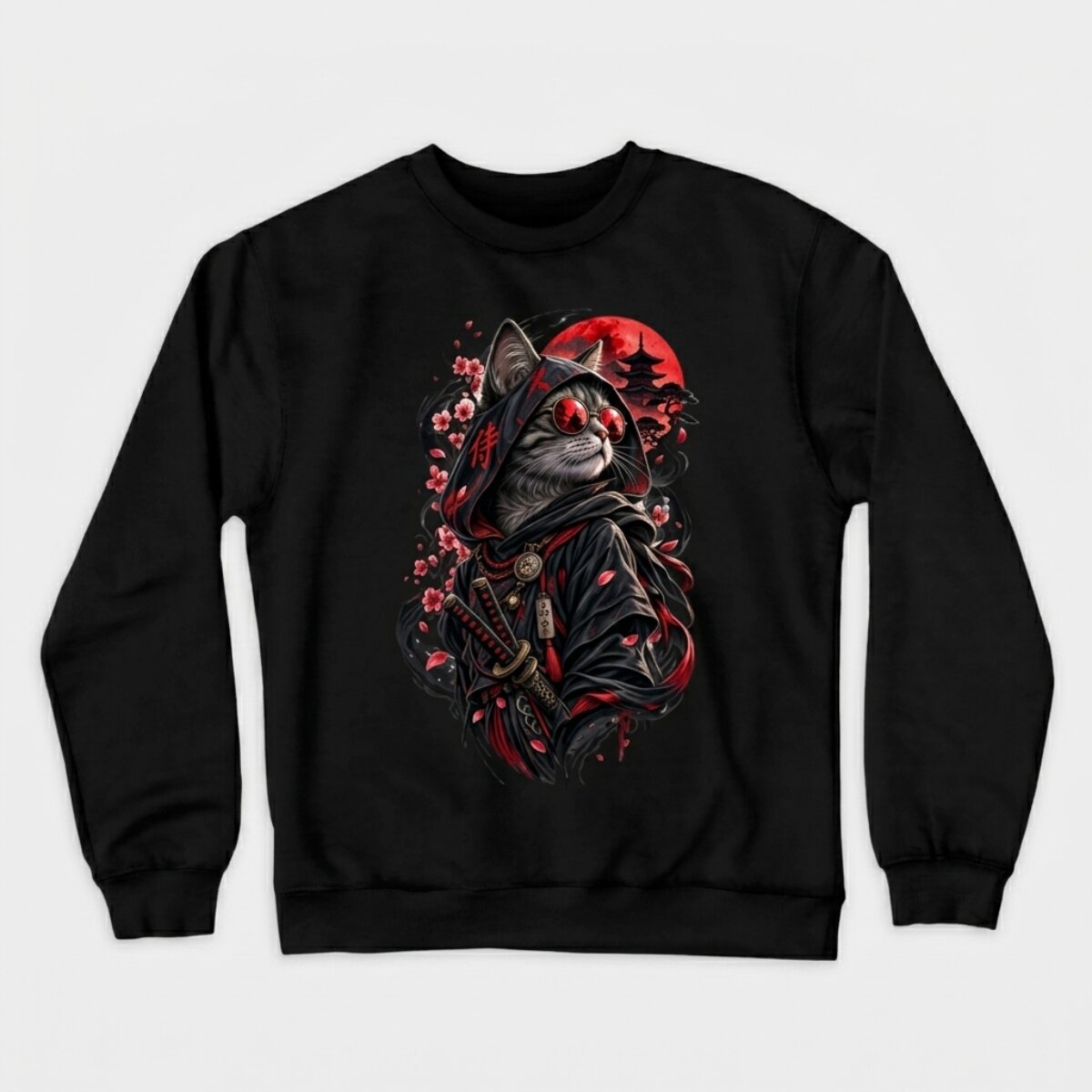 Flat lay of black gothic samurai cat crewneck sweatshirt showing full front design