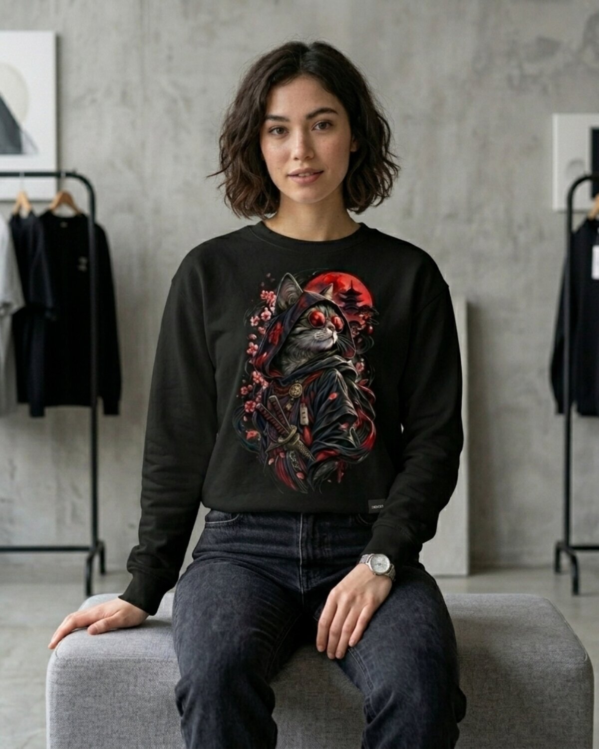 Woman wearing gothic samurai cat sweatshirt with red moon, seated on a bench in a minimalist studio